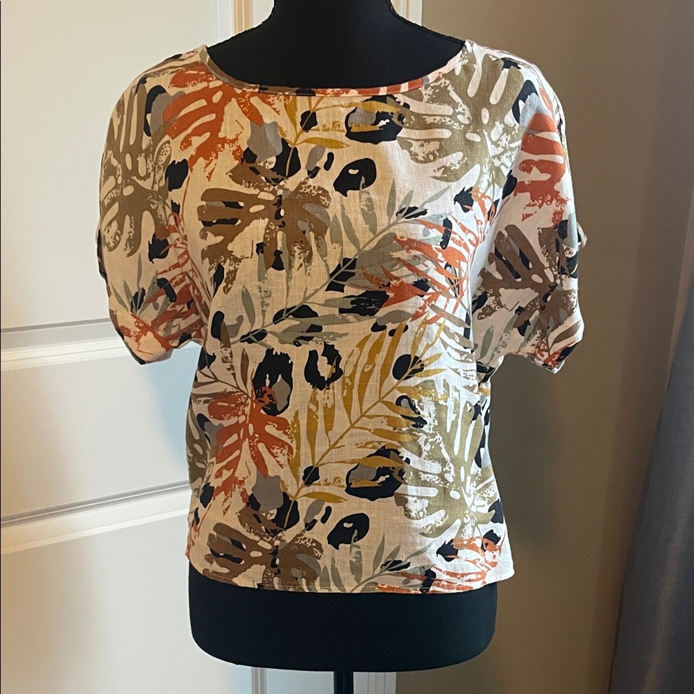Tahari Multicolor Abstract Print Linen Top Size Medium